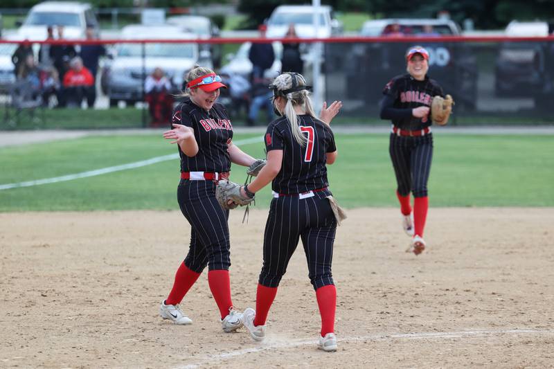 Bradley-Bourbonnais’ Rhaina Boggess celebrates leaping to catch a line drive at third base with pitcher Lydia Hammond during the Boilermakers' 8-0 victory over Normal Community in the IHSA Class 4A Bradley-Bourbonnais Regional semifinal on Tuesday, May, 27, 2025.