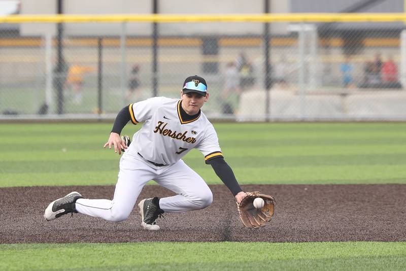 Herscher's Cam Baker fields a grounder during the Tigers' 3-0 loss to Wilmington on Monday, April 14, 2025.