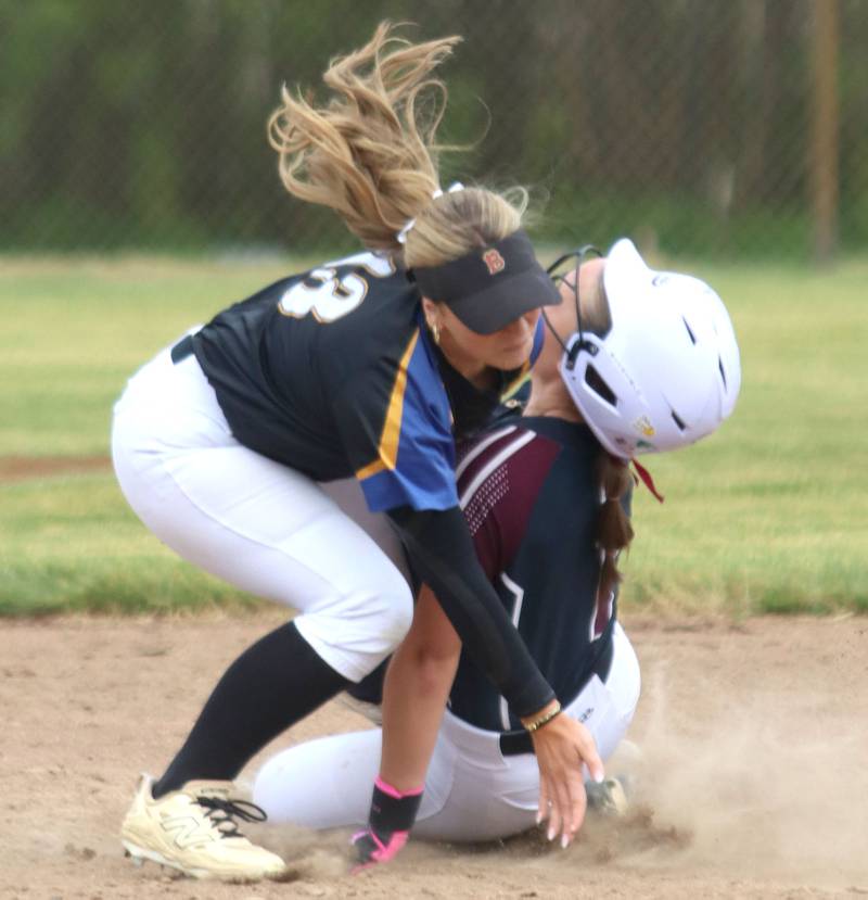 Marengo’s  Gabby Christopher, right, collides with Aurora Central Catholic’s Morgan Vaghy at second base in varsity girls softball IHSA Class 2A Regional Title Game action on Friday, May 22, 2026 at Raymond Benoy Field on the campus of Marian Central High School in Woodstock.