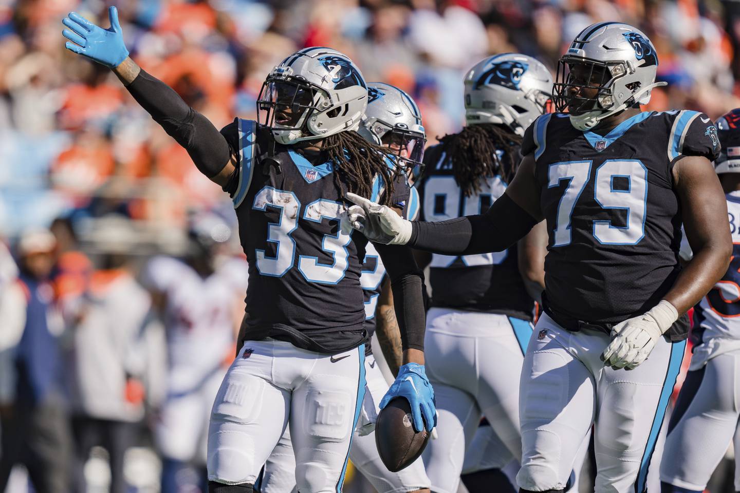 Carolina Panthers running back D'Onta Foreman reacts during against the Denver Broncos on Sunday, Nov. 27, 2022, in Charlotte, N.C.