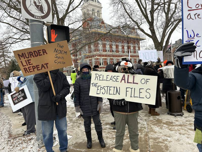 Protesters lined sidewalks on one corner of the Ogle Courthouse Square in downtown Oregon on Sunday, Jan. 25, 2026 carrying signs criticizing the Trump administration's deployment of ICE officers to several states and the shooting death of Alex Pretti by ICE agents on Saturday in Minneapolis.