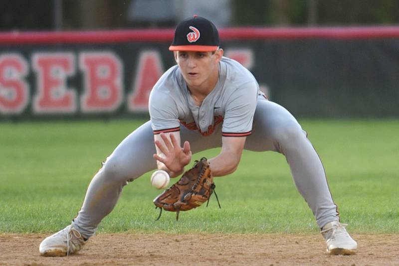 Lincoln-Way West's Tyler Barley fields a ground ball during a game at Bradley-Bourbonnais Thursday, May 1, 2025.