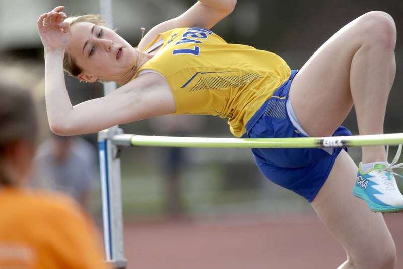 Lyons Township’s Alannah Justinich competes in the high jump during the Ritter Invite girls track and field meet at Downers Grove North on Friday, April 14, 2023.