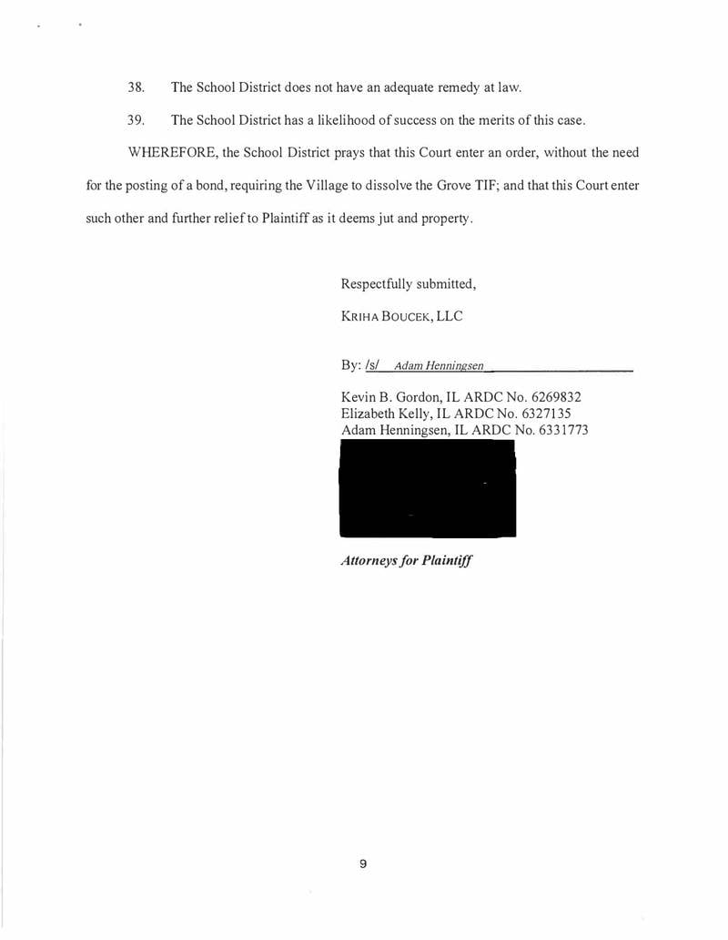 Kaneland School District 302 sued the village of Sugar Grove on June 13, 2025, to stop The Grove tax increment financing development project. The filing alleges the development does not meet the qualifications needed to use TIF money, records show. (Page 9 of 10)