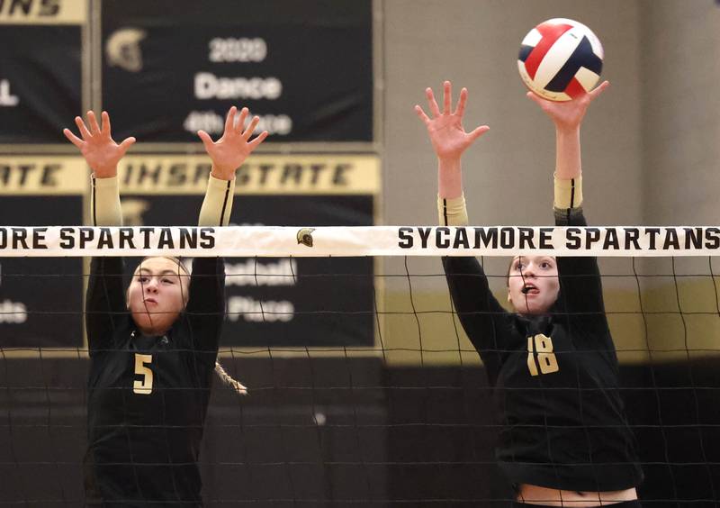 Sycamore's Kylie Walsh (left) and Sophia Martinez go up for a block during their match against Kaneland Tuesday, Oct. 1, 2024, at Sycamore High School.