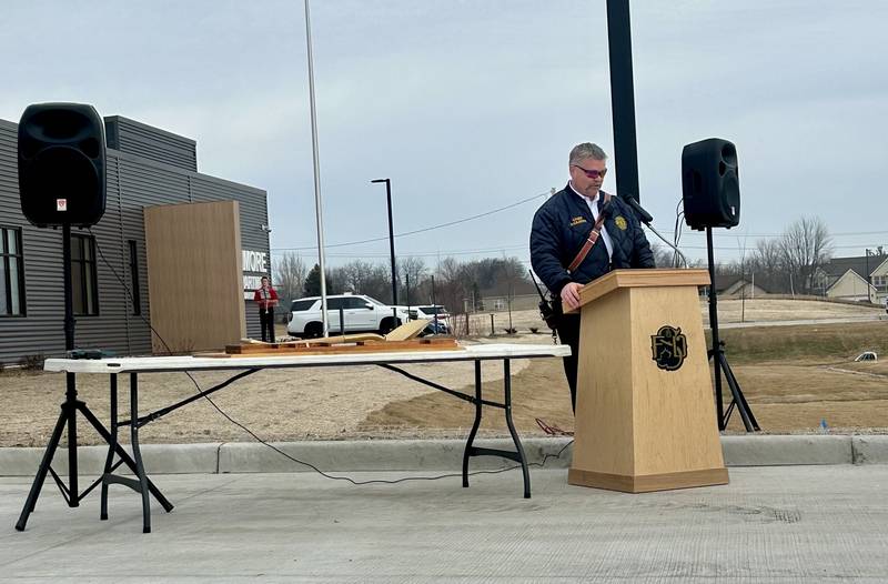 Sycamore Fire Chief Bart Gilmore speaks at a flag ceremony on Tuesday, Feb. 17, 2026, to mark the opening of the Sycamore Fire Department's new fire station, 1351 S. Prairie Drive.  The station will replace the aging building at 535 DeKalb Ave.