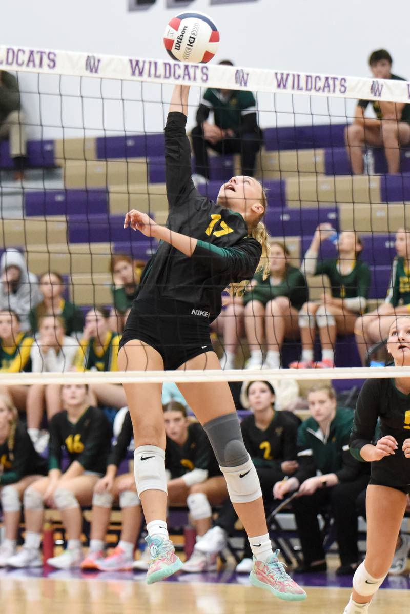 Coal City's Margaret Carlson sends the ball over the net during a game at Wilmington Thursday, Sept. 25, 2025.