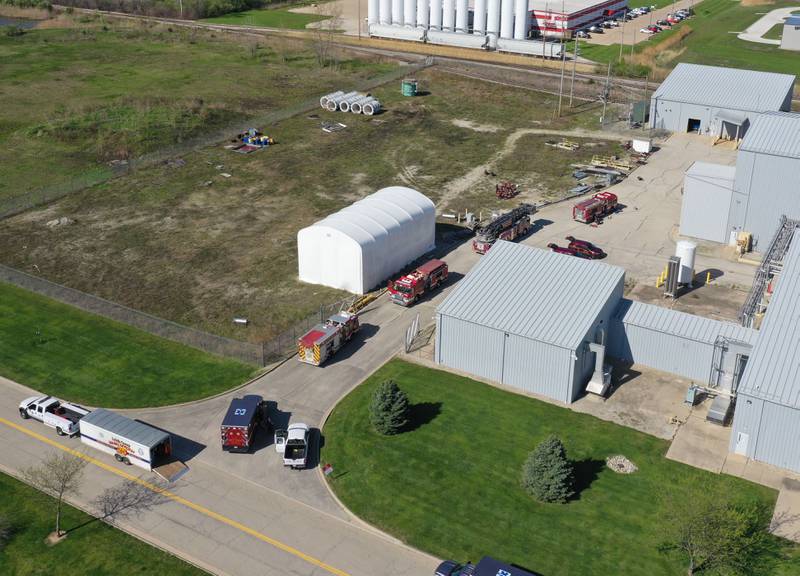 Emergency crews work the scene of a chemical release on Tuesday, April 21, 2026 at Cogee Titanium in Ottawa.