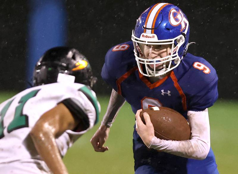 Genoa-Kingston's Nolan Kline looks to get by Rock Falls' Kohle Bradley during their game Friday, Oct. 13, 2023, at Genoa-Kingston High School.