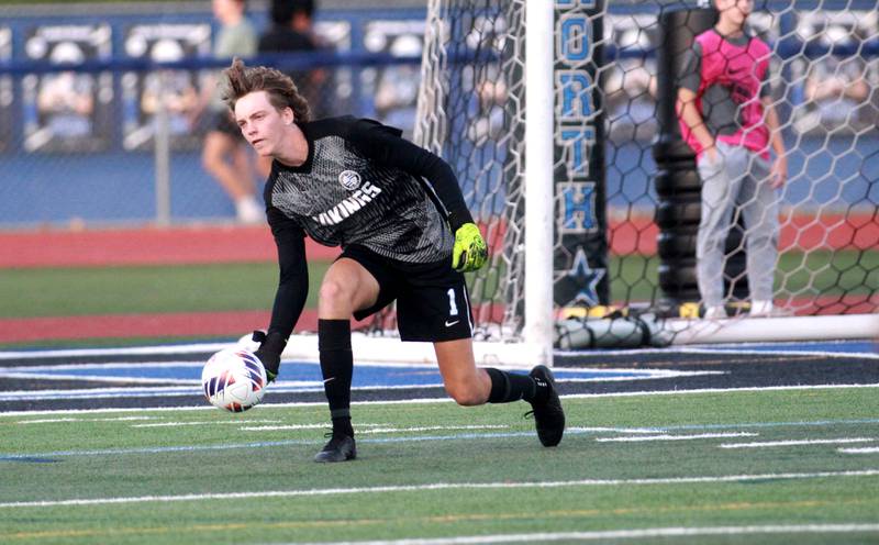 Geneva goalkeeper Tommy Rowoldt throws the ball to a teammate during the Class 3A St. Charles North Sectional semifinal against Glenbard West on Tuesday, Oct. 29, 2024 in St. Charles.