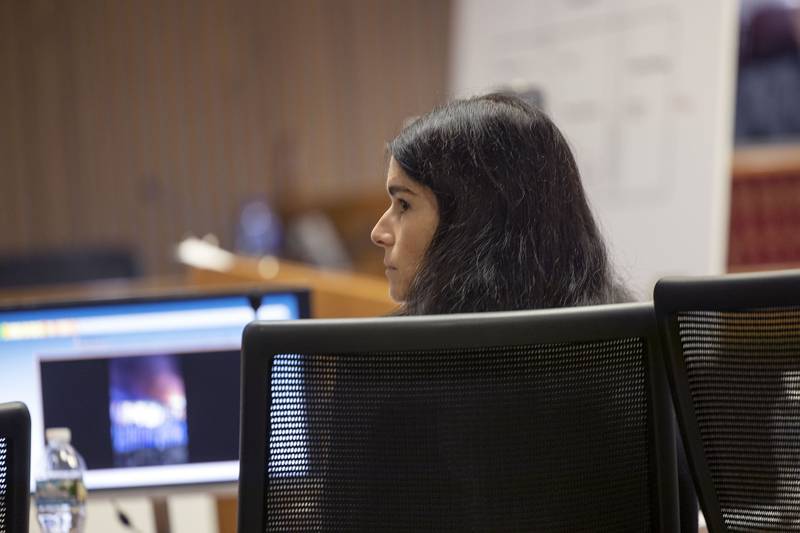 Brittney Ramos appears in Whiteside County Circuit Court on Tuesday, Nov. 4, 2025. Ramos is suing Rock Falls and two Rock Falls fire officials for the 2021 death of her husband, Garrett.