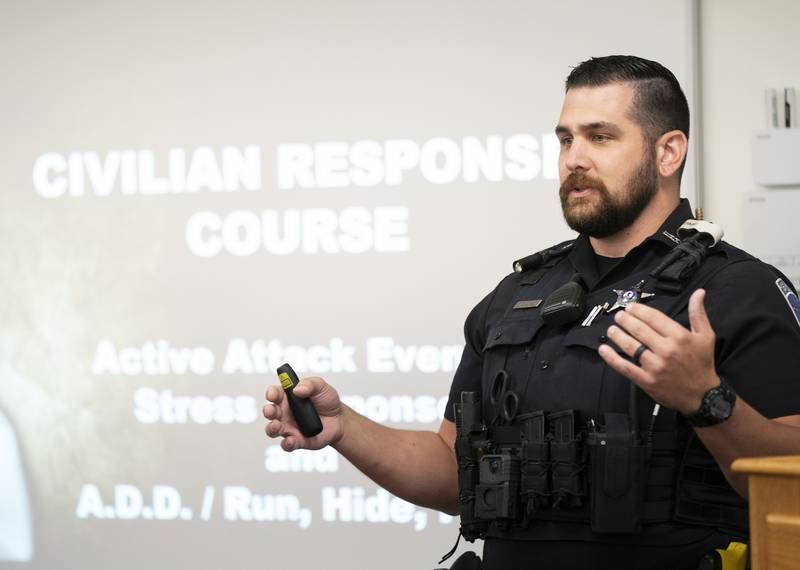 Lake in the Hills Police Officer David DeStefano teaches during a Civilian Response to Active Shooter Events (CRASE) training held by the Lake in the Hills Police Department on Tuesday, Sept. 13, 2022, at the Safety Education Center in Lake in the Hills. Residents were taught how to prepare, prevent and react to a potential active shooter situation.