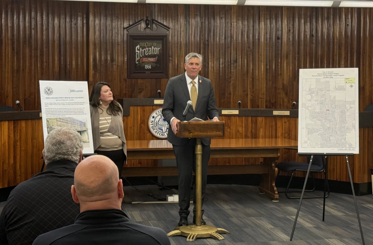"I’m proud to represent Streator in the United States Congress, and to be here to support the infrastructure needs of the community," Rep. Darin LaHood, alongside Streator Mayor Tara Bedei, said at the Thursday, May 7, 2026 announcement of federal funding for the replacement of the Park and Bilger Street bridges. "I look forward to continue to work together in supporting this project as it becomes a reality."