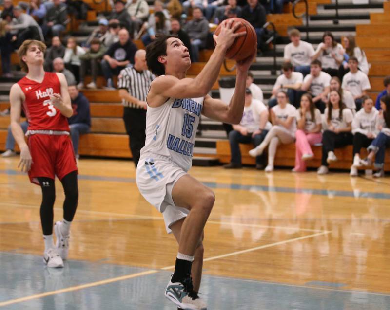 Bureau Valley's Corban Chhim eyes the hoop while running in the lane all alone against Hall on Friday, Jan. 19, 2024 at Bureau Valley High School.