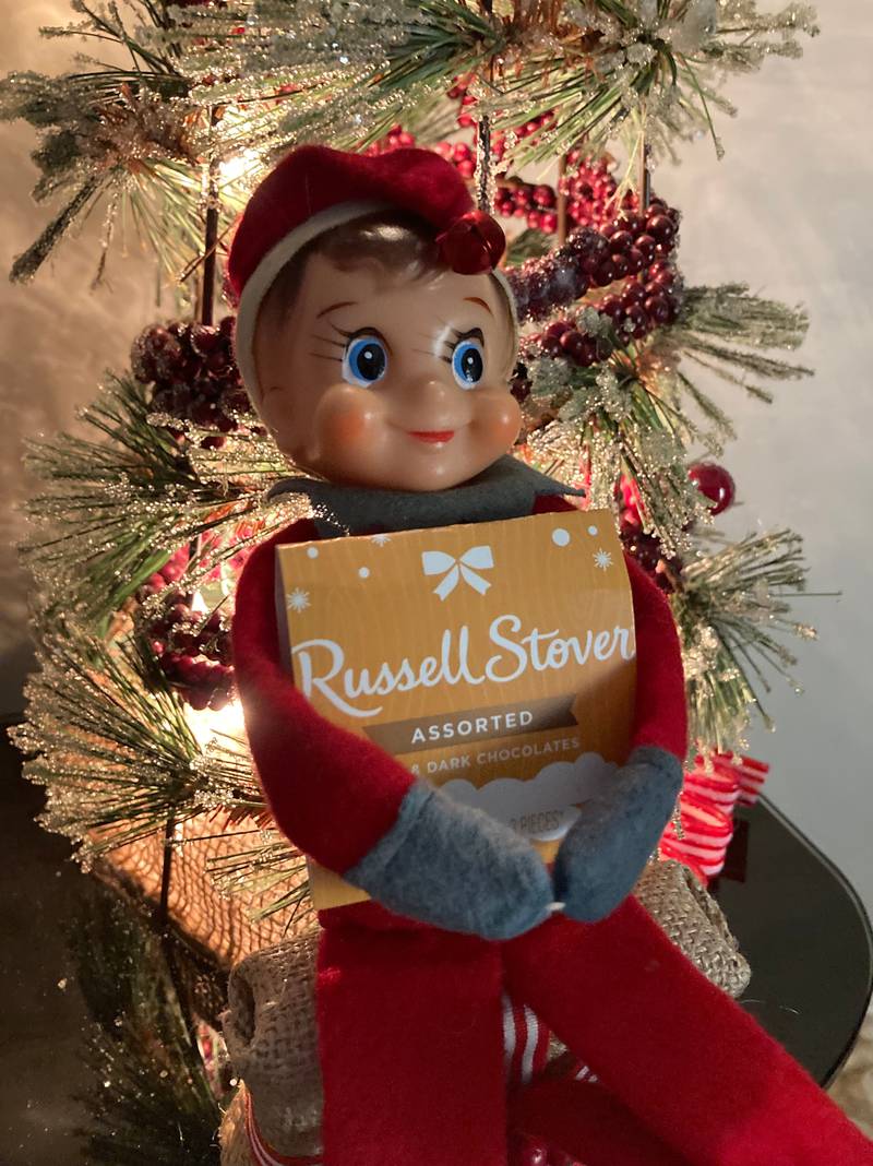 This Christmas elf holding a chocolate box is a favorite ornament of Sharon Brown of Dixon.