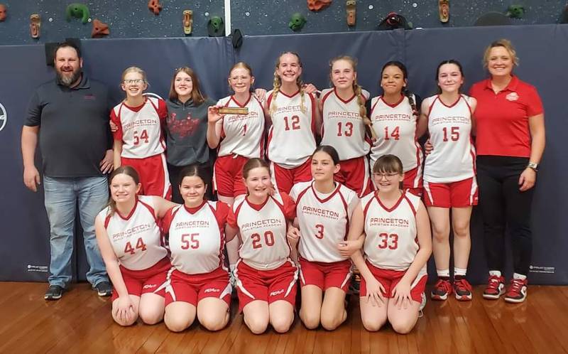 The Princeton Christian Academy  8th-grade girls basketball team recently capped an undefeated season by defeating Malden 25-16 in the BVEC championship game. The Eagles finished with a perfect 12-0 record. The PCA 7th-grade team also won the BVEC title, giving PCA it's first conference sweep. 
Team members are (front row, from left) Myla McCoy, Isabella Van den Berg, Elaina Batchelor, Daniqua du Preez and Kinsley Wall and (back row) Coach Cory Friel,  Annalise Baker, Elise House (manager), Violet Scruggs, Karlie Schultz, Alice Scruggs, Izabelle Luft, Kaylyn Friel and Coach Sarah Scruggs.