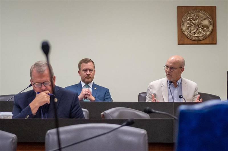 Left to right, Sen. Don DeWitte and Rep. C.D. Davidsmeyer, both Republicans, are pictured with Democratic Sen. Dave Koehler at Friday’s Commission on Government Forecasting and Accountability hearing in Springfield. They were the only three members of the 12-lawmaker panel present at the hearing, leaving it short of the quorum needed to register an advisory vote on Gov. JB Pritzker’s plan to demolish and potentially rebuild two state prisons