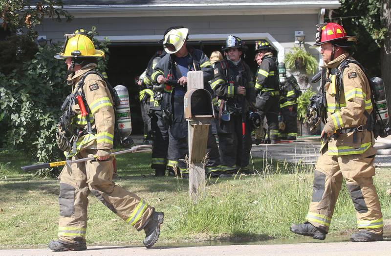 Tonica firefighters arrive on the scene to a structure fire in the 800 block of U.S. Route 6 on Tuesday, Aug. 26, 2025 near Utica.