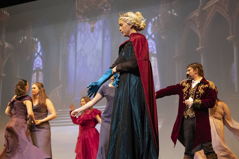 Elise Vander Bleek, playing Elsa, rehearses a scene Wednesday, April 15, 2026, for Newman High School’s rendition of “Frozen.” Shows will begin at 7 p.m. April 17, at 7 p.m. April 18 and at 2 p.m. April 19 at Centennial Auditorium on the campus of Sterling High School.