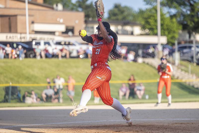Milledgeville’s Kendra Kingsby winds up for a pitch against Dakota Tuesday, May 26, 2026, at the Eastland Class 1A softball sectional quarterfinal.