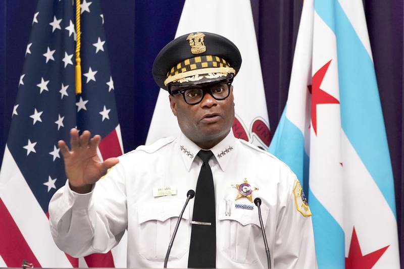 Chicago Police Superintendent David O. Brown responds to a question during a news conference Thursday, July 22, 2021, in Chicago. Brown spoke about multiple shootings Wednesday, including the drive-by shooting wounding eight people who had been riding on a party bus, just one of several fatal shootings in the city. (AP Photo/Charles Rex Arbogast)