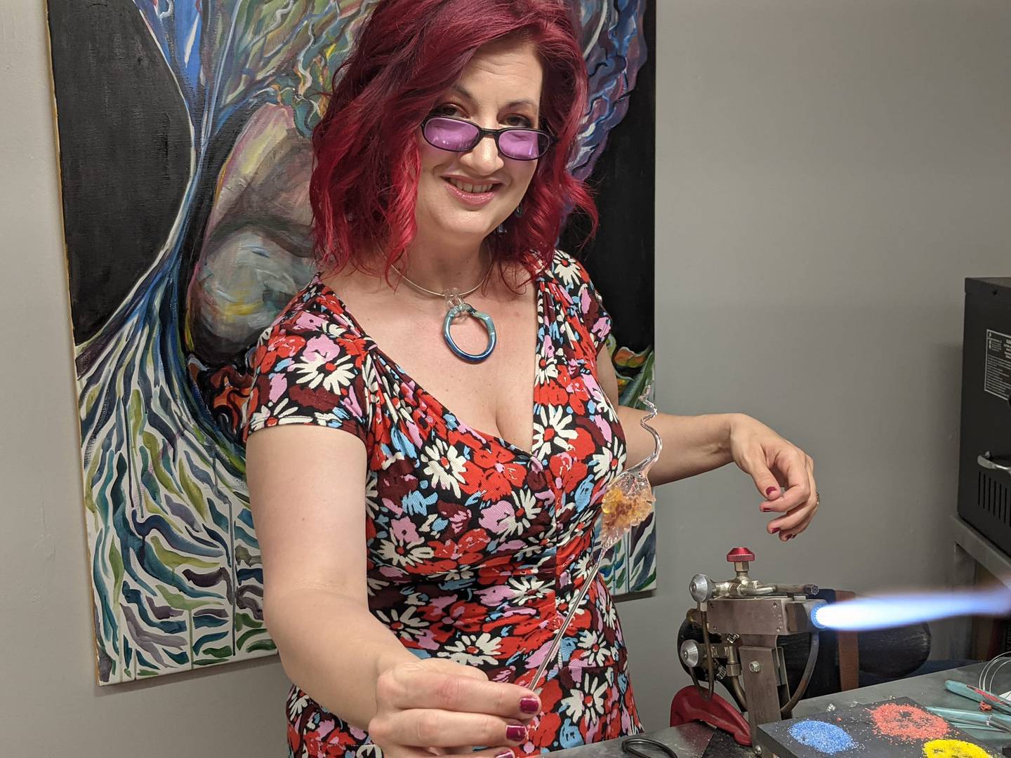Victoria Belz demonstrated how she makes her flameworked glass art, jewelry and gifts during a grand opening held over the weekend for her new store and studio, Tinker Belz Art, located in The Berry House at 227 S. Third Street, Suite 108, in downtown Geneva.