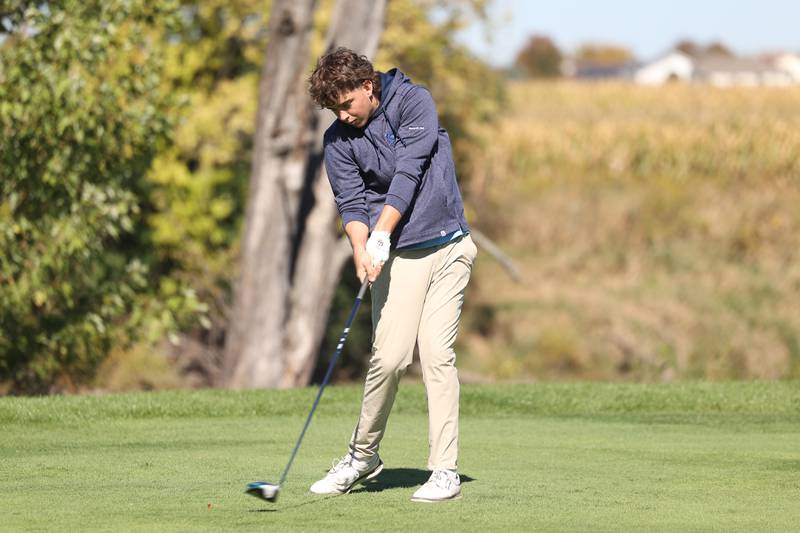 Nazareth’s Brian Morris tees off the seventh hole in the Class 2A Lemont Boys Golf Sectional on Monday, Oct. 7, 2024 at Wedgewood Golf Course in Lemont.