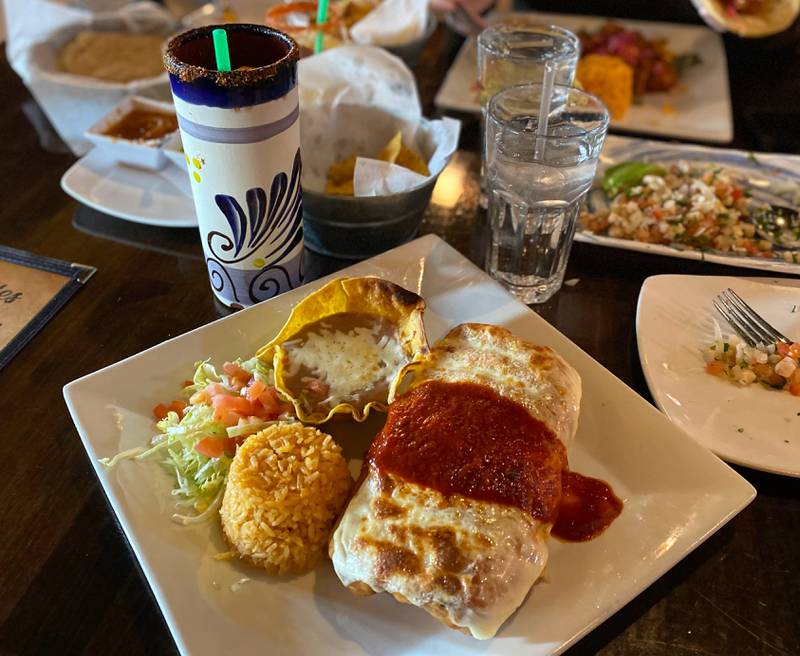 My fellow diner ordered the chimichanga with steak ($16.99), served with rice and beans, from Antigua Mexican Brunch and Grill in Algonquin.