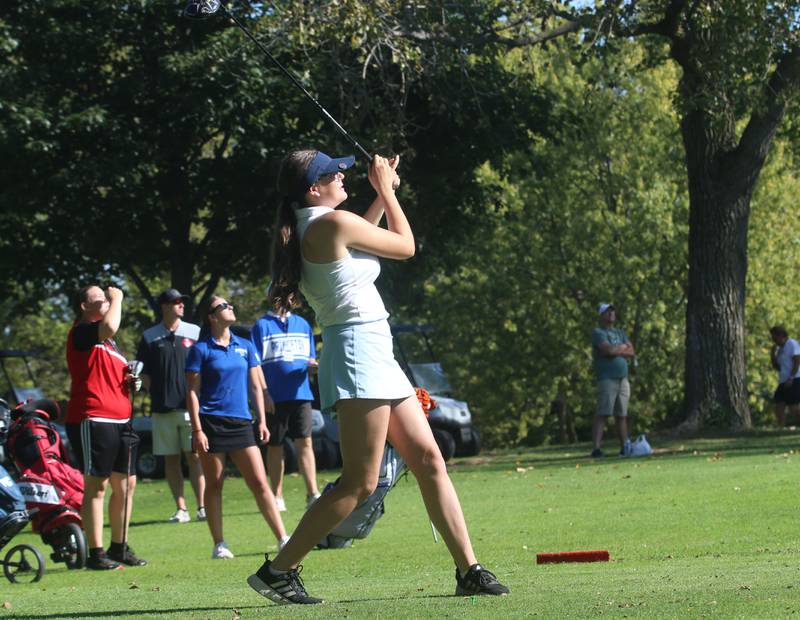 Princeton's Jadeyn Klingenberg tees off during the Class 1A Regionals on Tuesday, Sept. 30, 2025 at Spring Creek Golf Course in Spring Valley.