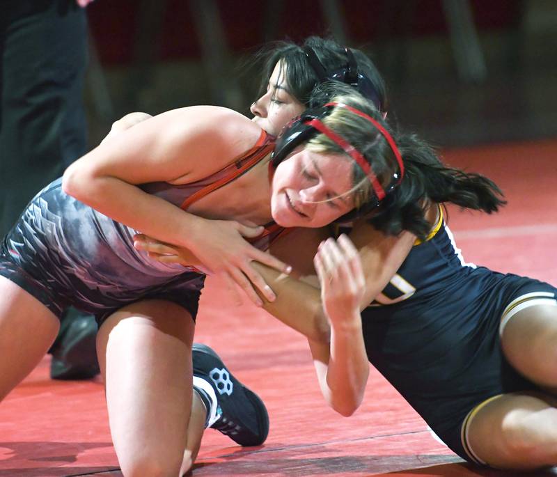 Polo's Ella Gonzalez and Fulton's Leona Freeman wrestle at Oregon High School on Thursday, Dec. 4, 2025.