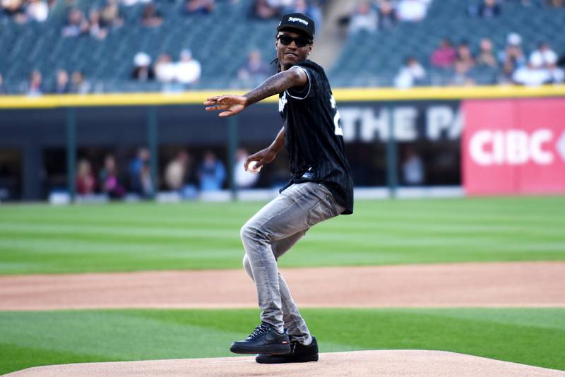 Jyaire Hill, a 2023 Kankakee High School graduate and current University of Michigan defensive back, throws at the ceremonial first pitch before the Chicago White Sox hosted the Milwaukee Brewers at Rate Field in Chicago Tuesday, January 29, 2025.