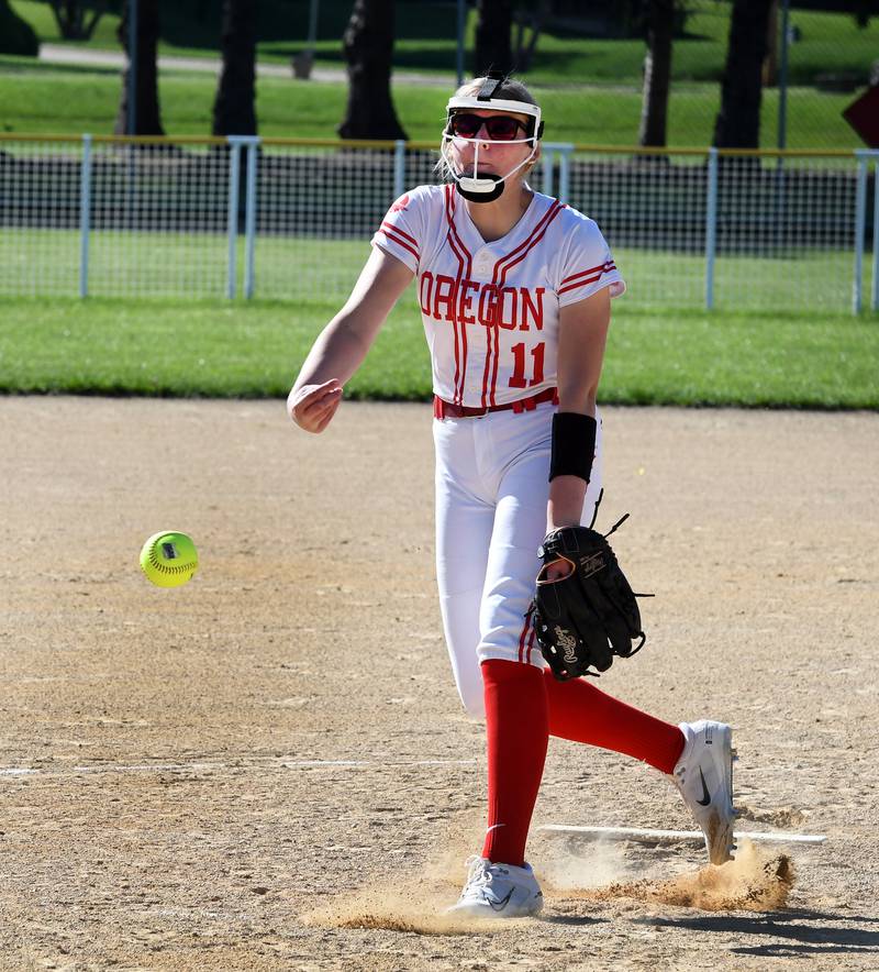 Oregon's Izzy Berg pitches against Somonauk at the 2A Oregon Regional on Wednesday, May 20, 2026.