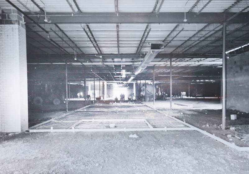 A Myrtle concrete truck pours a section of concrete inside the Peru Mall in 1973.