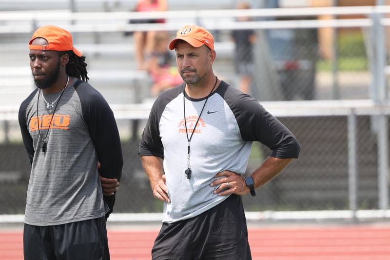 Lincoln-Way West head coach Luke Lokanc watches the defense during a 7-on-7 scrimmage at Lincoln-Way East on Tuesday, July 18th, 2023 in Frankfort.