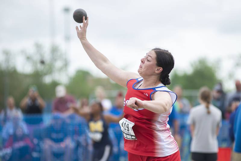 Jenae Bothe of Oregon competes in the 1A shot put finals during the IHSA girls state championships, Saturday, May 21, 2022 in Charleston.