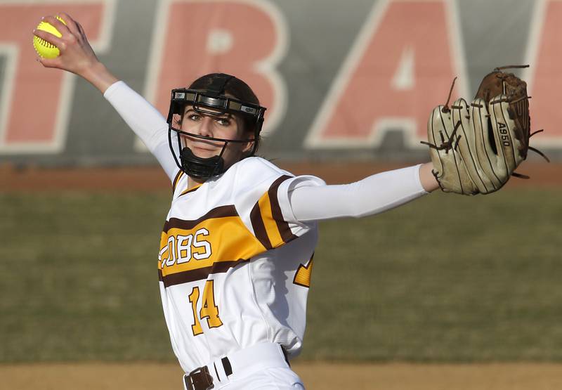 Jacobs’s Addie  St. Ledger pitches during a nonconference softball game against Palatine Monday, March 20, 2023, at Palatine High School.
