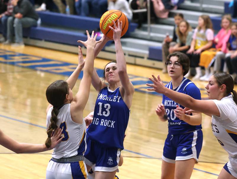 Hinckley-Big Rock's Mia Cotton shoots over Somonauk/Leland’s Ashley McCoy during their game Thursday, Jan. 15, 2026, at Somonauk High School.