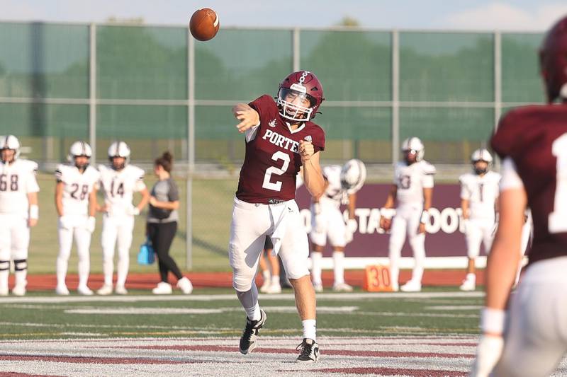 Lockport’s Conley Pfeiffer passes against Plainfield North on Friday, August 30, 2024 in Lockport.