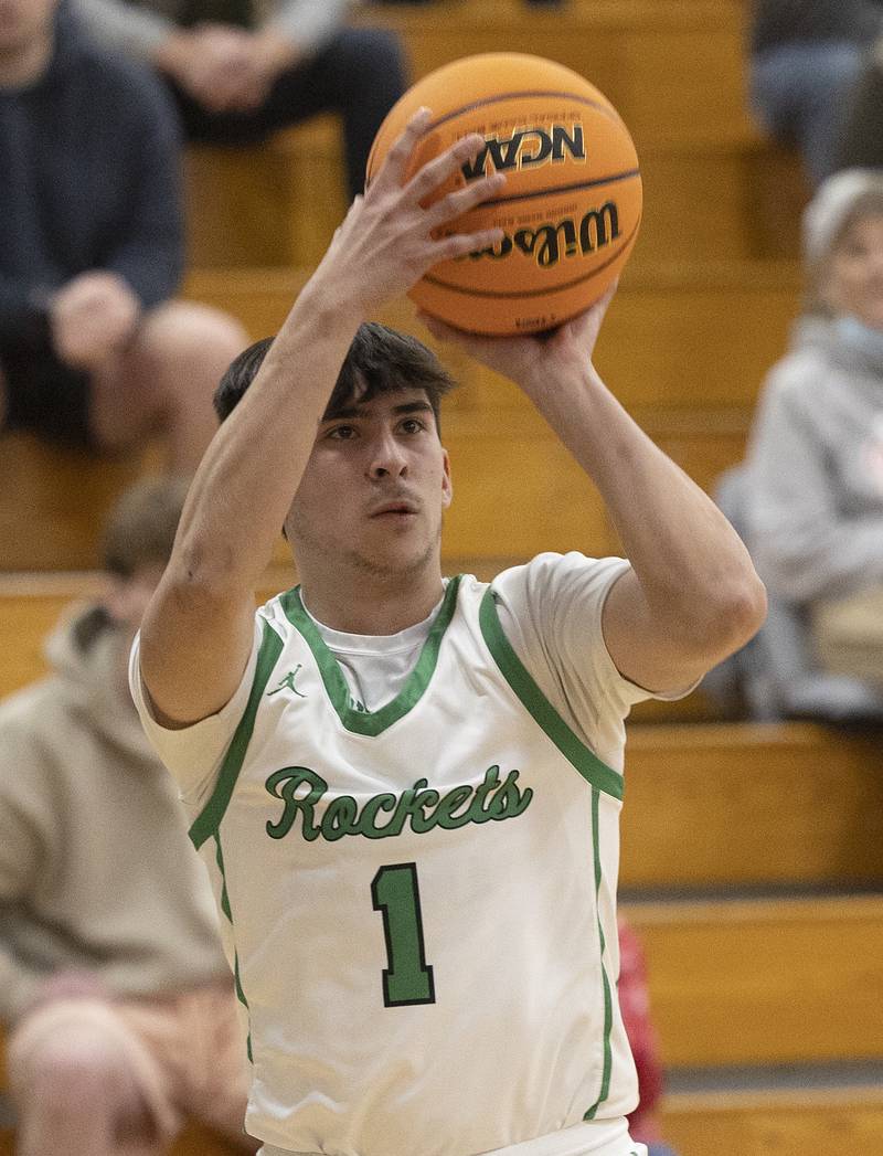 Rock Falls’ Austin Castaneda puts up a three point shot against Oregon Wednesday, Feb. 26, 2025, at the Class 2A Regional semifinal at Bureau Valley High School.