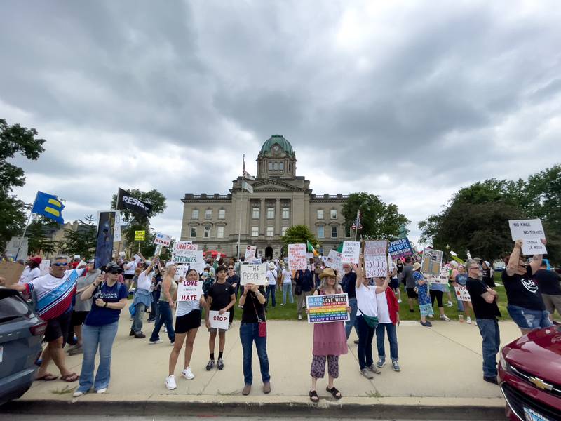 Approximately 500 people gathered at the Kankakee County Courthouse for a ‘No Kings’ rally in Kankakee on Saturday, June 14, 2025, to protest actions by President Donald Trump.