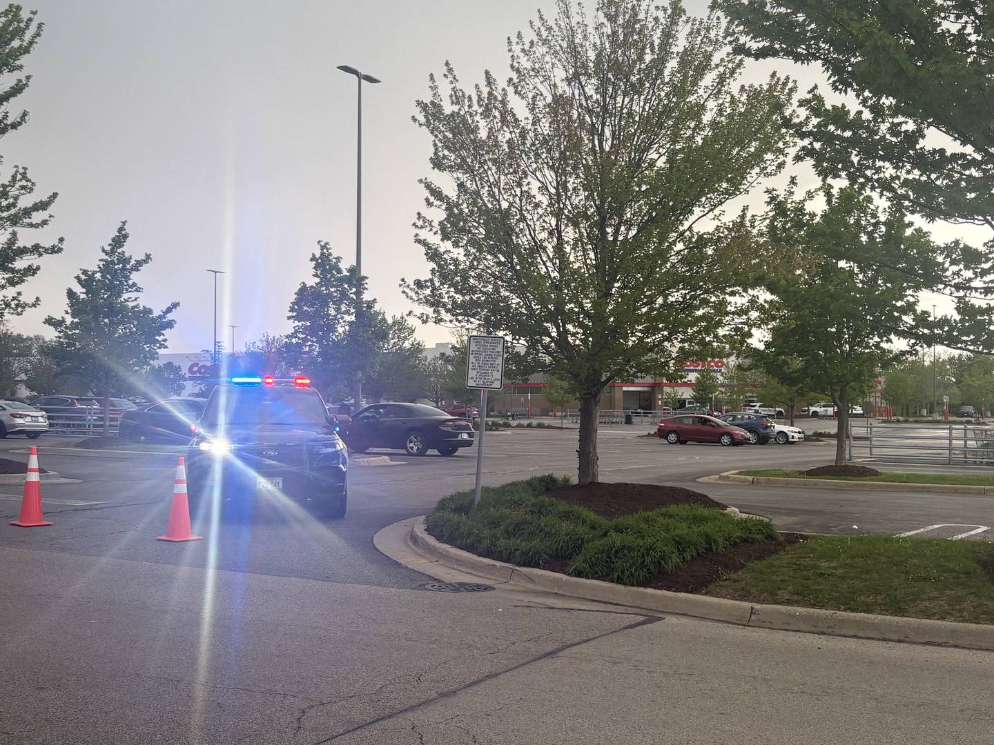 Lake in the Hills police block off a parking lot on Monday, May 4, 2026, at the Lake in the Hills Costco Wholesale store, 250 N. Randall Road. According to police they are investigating a bomb threat there.