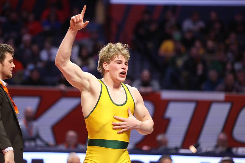 Crystal Lake South’s Shane Moran celebrates his win over Grays Lake Central’s Matty Jens in the Class 2A 182lb. championship match at State Farm Center in Champaign. Saturday, Feb. 19, 2022, in Champaign.