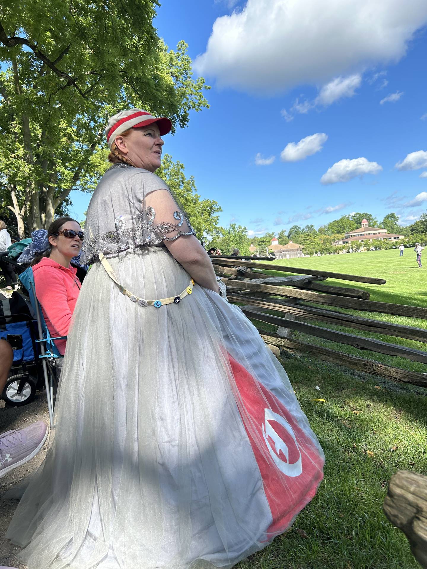Mikki Heng of Oregon was one of the spectators who wore period clothing at the 21st Annual World Tournament of Historic Base Ball in Dearborn, Michigan on Saturday, Aug. 10, 2024. Heng is friends with Justin "Butter" Early a Ganymede player.