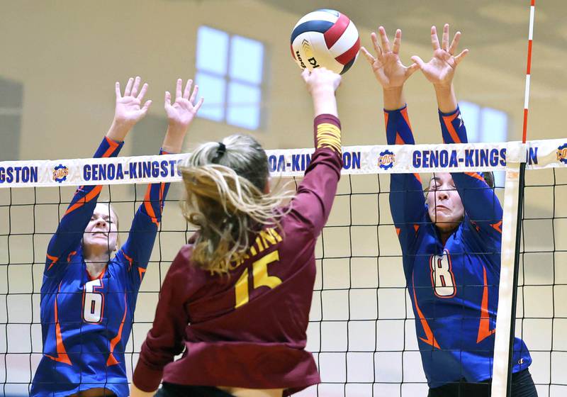Genoa-Kingston's Addison Vicary (left) and Alivia Keegan go up to block the spike of Montini's Sienna Skarda during their match Tuesday, Sep. 5, 2023, at Genoa-Kingston High School.