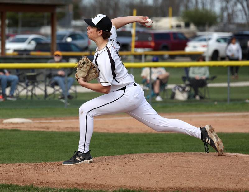 Sycamore’s Cal Harbecke delivers a pitch Wednesday, April 23, 2025, during their game against La Salle-Peru at the Sycamore Community Sports Complex.