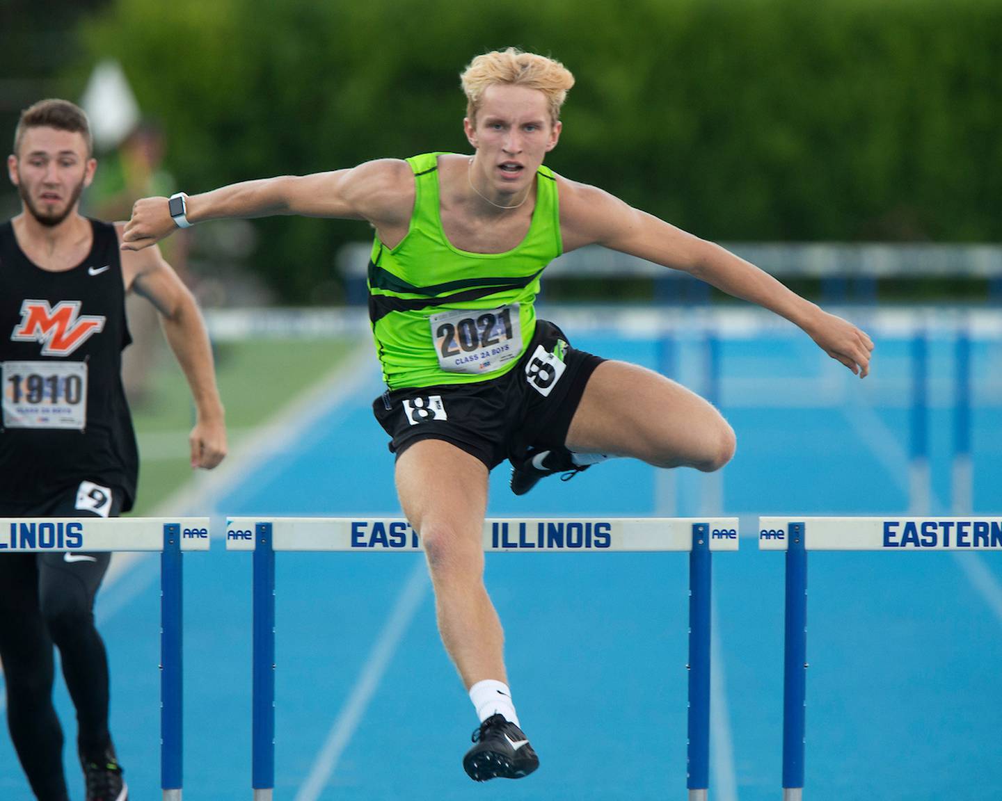 June 18, 2021- Charleston, IL -Rock Falls' Matthew Marcum competes in the Class 2A 300-Meter Int. Hurdles during IHSA Boys State Track and Field Finals. [Photo: Douglas Cottle/PhotoNews]