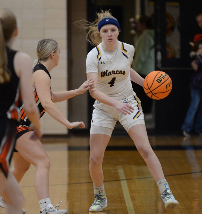 Polo's Camrynn Jones brings the ball up the court against Milledgeville on Thursday, Dec. 19, 2024 at the Polo Christmas Tournament.