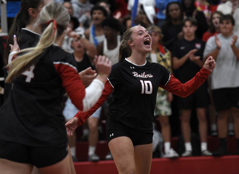 Bradley-Bourbonnais' Harper Tollefson reacts to a point won in a match against Beecher on Tuesday, September 2, 2025.