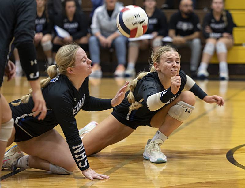 Newman’s Molly Olson (left) and Jess Johns go for a ball against Rock Falls Thursday, Oct. 26, 2023 in the class 2A regional finals at Riverdale.