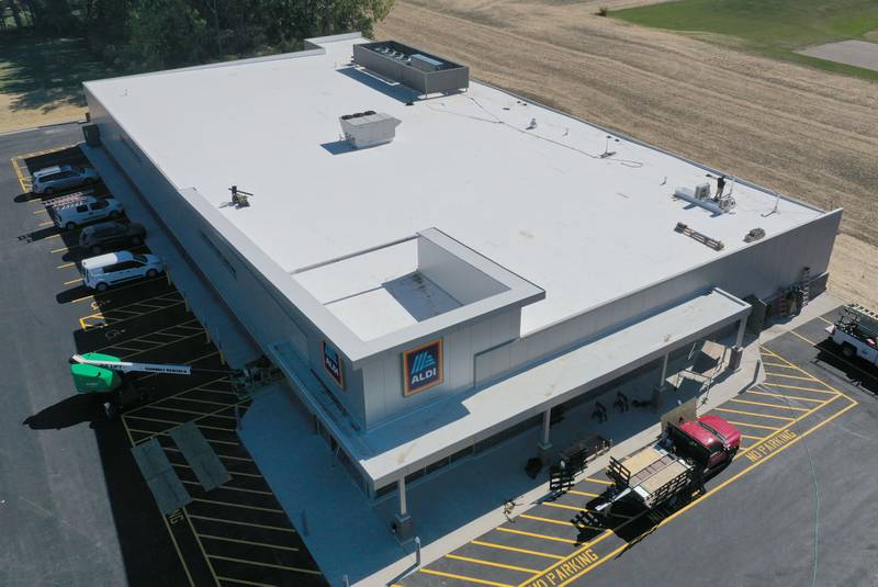 An aerial view of Aldi located at the intersection of Backbone and North Main Street on Thursday, Oct. 9, 2025 in Princeton. The store is expected to open next month. A Jersey Mikes Subs has also been confirmed on the site. Construction on the building should start either next week. The Princeton Jersey Mike's is slated to open in Spring 2026.